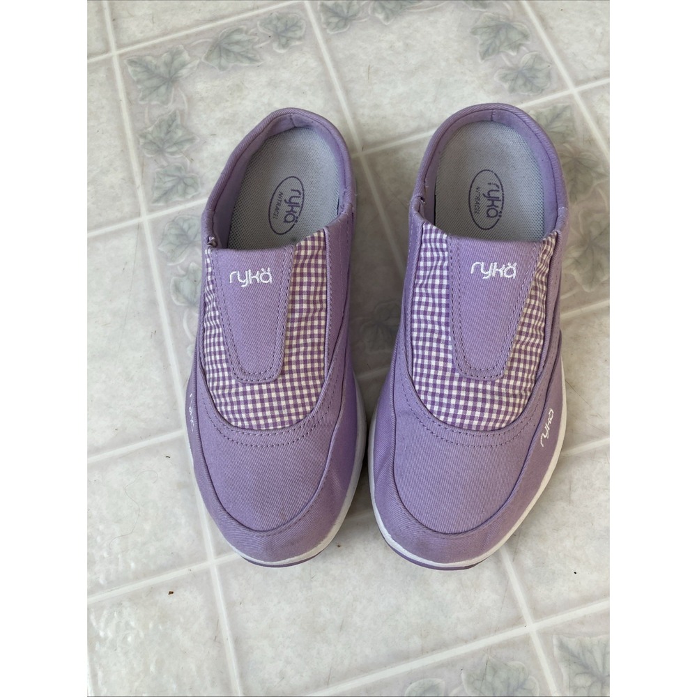 Ryka Sneaker Mule Lavender Gingham Women's sz 8 Canvas Largo Slip On Mule